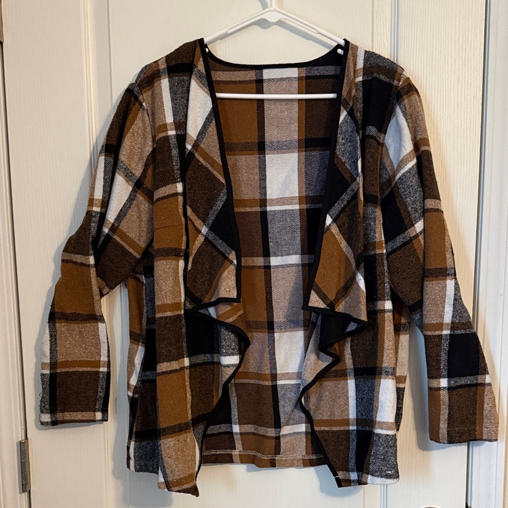 Brown Black Plaid Open Front Long Sleeve Cardigan 2XL